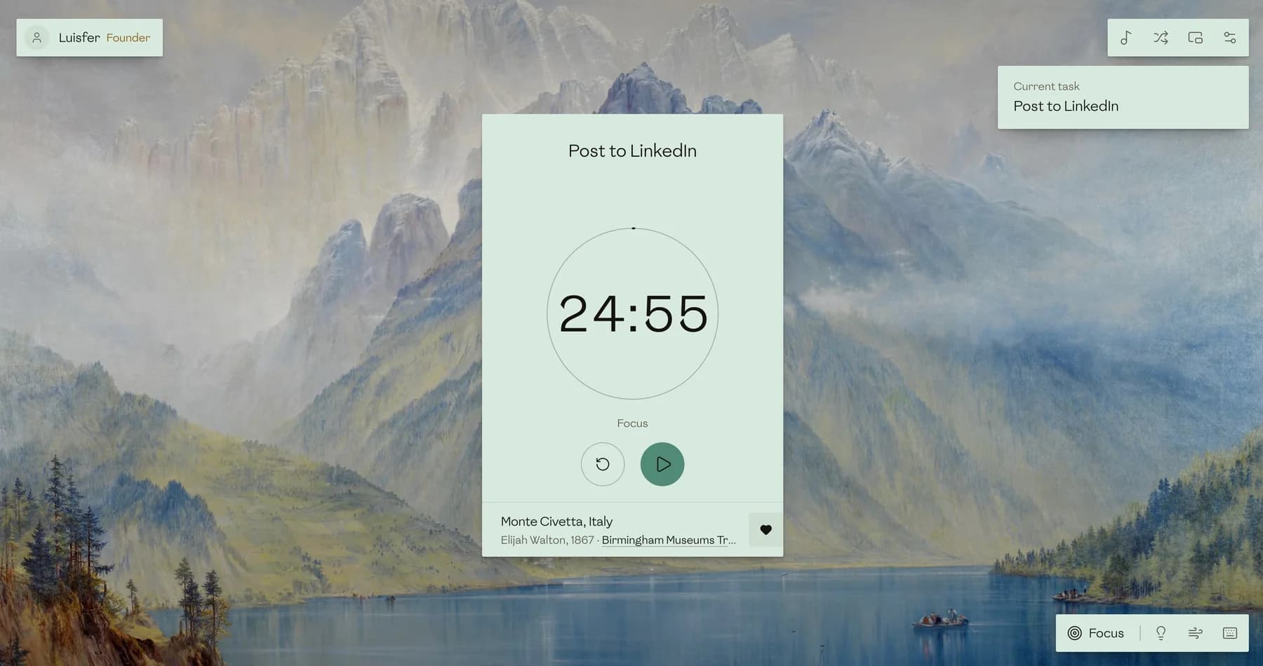 Authentic Timer on a desktop: a focus timer at 24:55 for the task Post to LinkedIn, over a painting of misty mountains above a lake